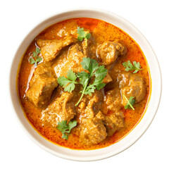 Spicy Orange Fish Curry in White Bowl with Cilantro Garnish isolated on transparent background