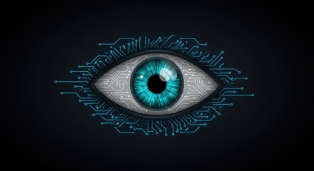 Close up of futuristic eye with circuit board patterns and blue iris on dark background, representing technology and innovation