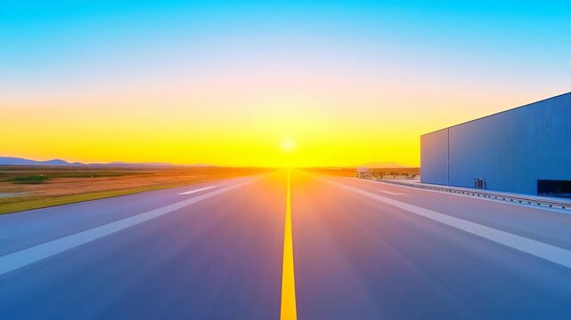 Sunrise on the Horizon: An open road stretches towards a brilliant sunrise, symbolizing a journey toward goals. With sleek architecture as a backdrop.