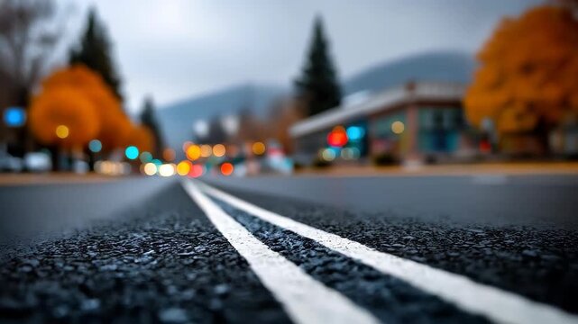 Journey on the Road: A low-angle perspective unveils a city road, its surface marked by parallel white lines, guiding the way amidst the soft focus of the urban landscape.