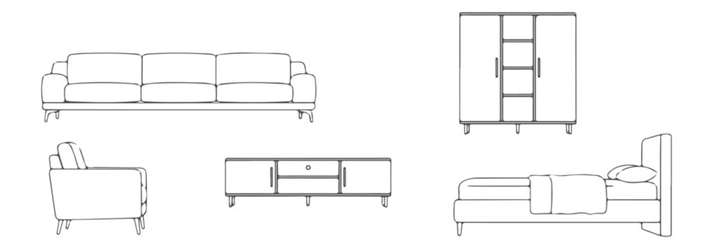 Professional Architectural Side View Furniture CAD Blocks - Modern Sofa Chair and Bed Technical Elevation Collection