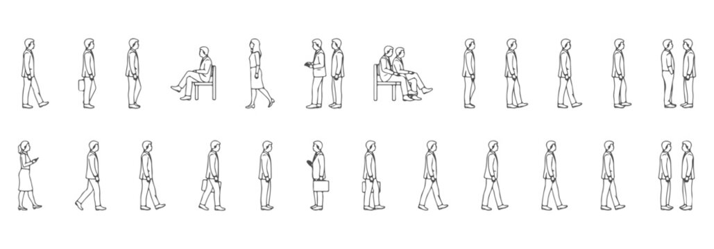 Professional Architectural Side View Human Figures - Technical CAD Elevation People Blocks for Building Sections