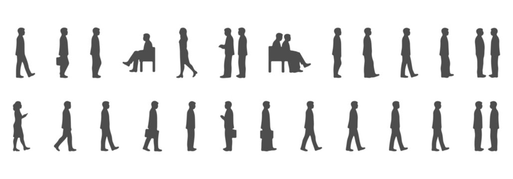 Professional Architectural Side View Silhouette Human Figures - Solid Black Scale People for Elevation and Section Planning