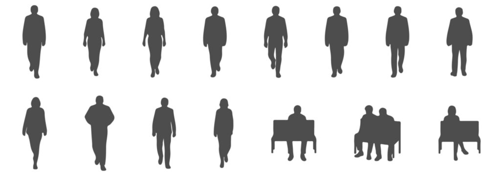 Top View Silhouette People CAD Scale Figures - Solid Black Men and Women Walking Standing and Sitting Symbols for Architectural Layouts