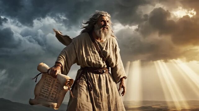 The prophet Moses proclaiming on a mountaintop. Biblical leader with a scroll under a dramatic sky with divine light. Epic religious and historical animation