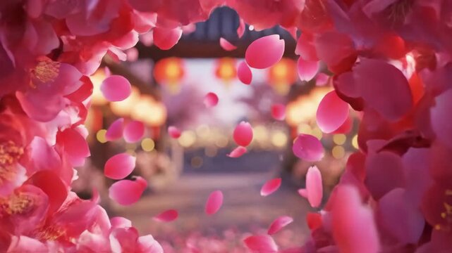 Chinese New Year background with swirling pink cherry blossom petals. 3D animation of falling sakura flowers framing a blurred traditional street with red lanterns. Lunar New Year celebration concept