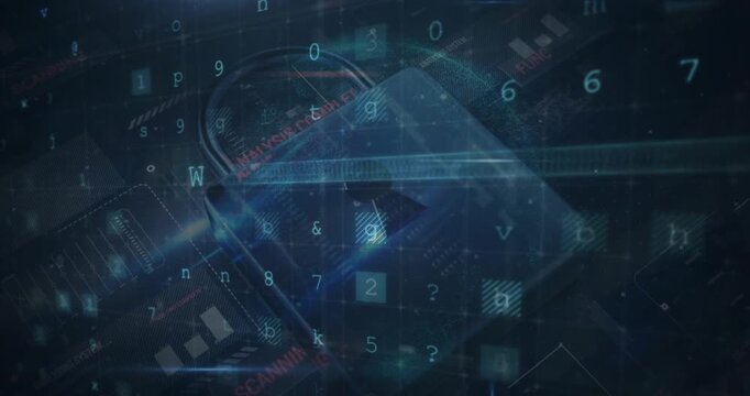 Animation of multiple texts, letters, numbers and symbols over padlock and graphs