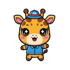 Obraz premium Cute cartoon giraffe wearing blue shirt and cap vector illustration