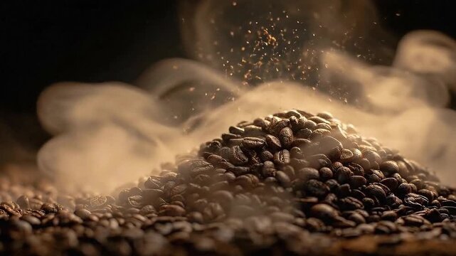 Close-up of Aromatic Coffee Beans with Steam in Background Highlighting Freshness and Rich Flavor Profile