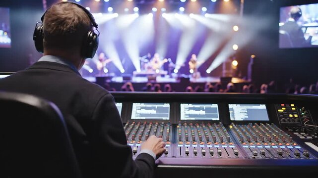 Sound engineer working at a mixing console during a live music concert. Professional audio technician adjusting faders behind the scenes of a show. Live event production concept