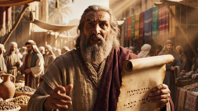 An ancient prophet with a scroll speaks passionately in a bustling marketplace. A biblical man with a long beard preaches a religious message. Historical reenactment from the bible