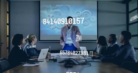 Animation of numbers and data processing over diverse business people in office - Powered by Adobe