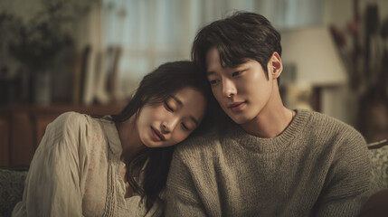 Fototapeta premium Young Korean couple resting together at home indoors.
