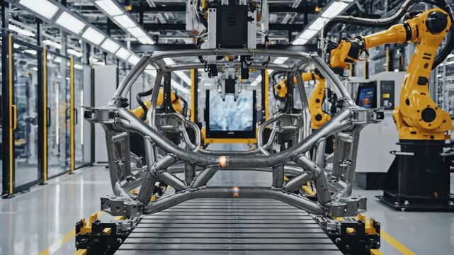 Automated car manufacturing line with robotic arms welding a chassis. Industrial factory assembly process with sparks flying. Industry 4.0 production concept
