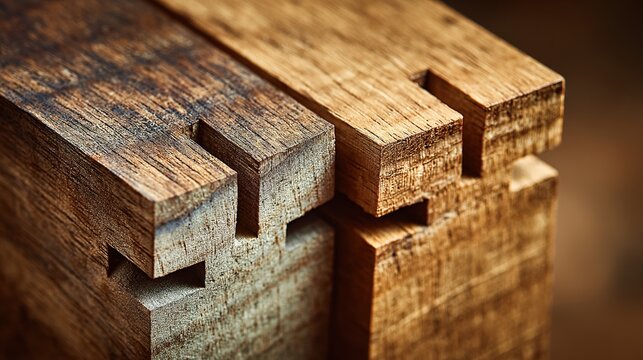 dovetail. Close-up of two wooden dovetail joints fitting together perfectly. safety posters, maintenance manuals, designed for industrial assembly lines and welding operations, supports safety.