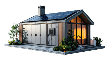 Home solar battery storage unit with minimal modern design, clean geometry, realistic surface details, isolated on transparent background, renewable energy storage concept