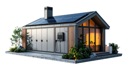 Home solar battery storage unit with minimal modern design, clean geometry, realistic surface details, isolated on transparent background, renewable energy storage concept