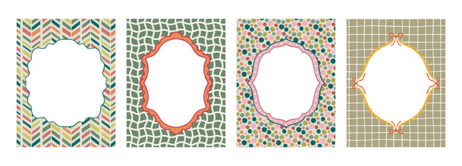 Cute hand drawn vector frames with simple geometric backgrounds. Festive holiday collection. Celebration design, simple postcard illustrations