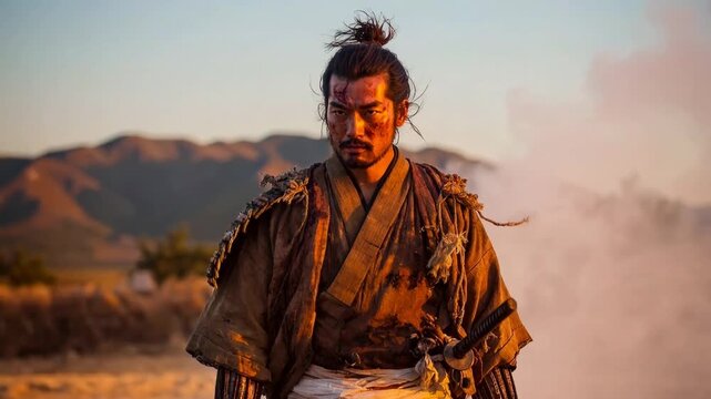 Samurai dressed in golden robe walks slowly through swirling battlefield smoke holding sword at side creating cinematic scene of solitude reflection and honour before combat