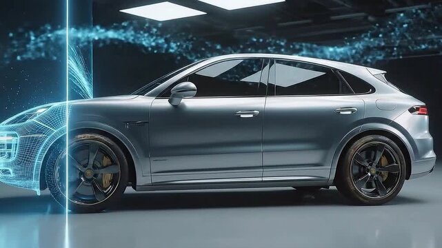 Futuristic Car Design with Digital Projection and Sleek Lines in Modern Automotive Environment