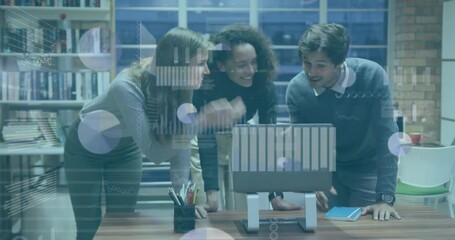 Animation of financial data processing over diverse business people in office - Powered by Adobe