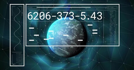 Animation of digital data processing over globe on dark background - Powered by Adobe
