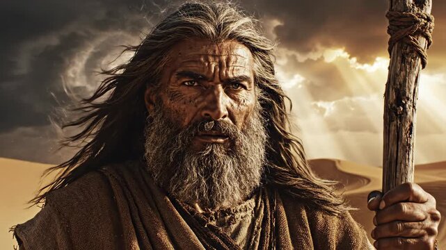 Cinematic portrait of the prophet Moses in the desert wilderness. An elderly man with a long beard holds a staff under a dramatic, stormy sky with divine light