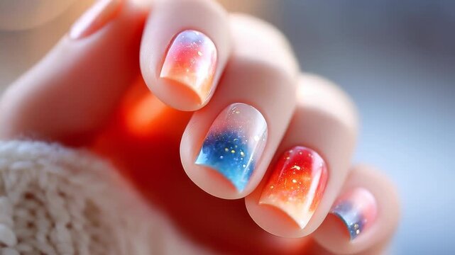 Sunset Nail Art: A close-up view of a hand showcases beautifully manicured nails, each adorned with a vibrant sunset gradient design, blending warm and cool hues for a stylish and artistic aesthetic.