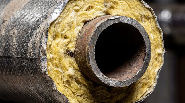 Exhaust pipe with insulation material in close-up view  