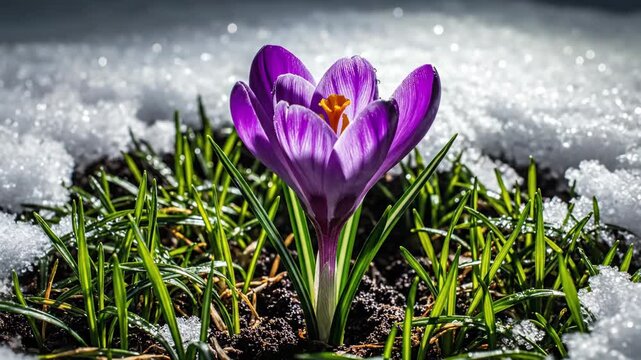 Time-lapse of a purple crocus flower blooming through melting snow. The first sign of spring and new life. Growth and resilience concept