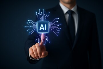 Businessman touching virtual ai chip hologram symbolizing artificial intelligence technology innovation digital transformation and modern futuristic business strategy concept