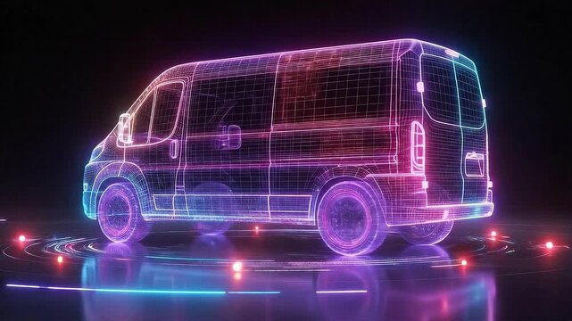 Futuristic Wireframe Van in Neon Colors with Glowing Digital Effect in Dark Background