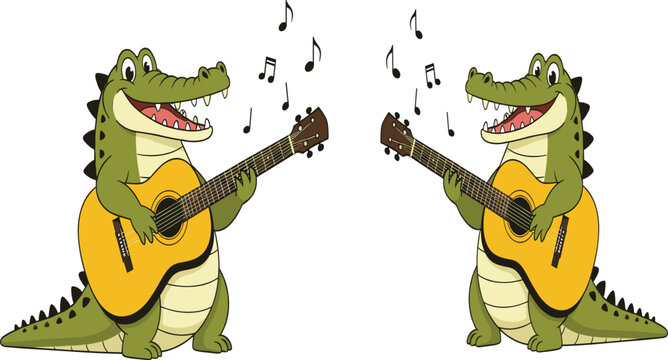 Cute Crocodile Character Playing Acoustic Guitar and Singing with Musical Notes in Cartoon Style.