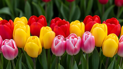 Beautiful vibrant tulips in pink yellow and red colors outdoors