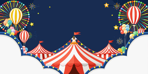 a colorful circus scene with hot air balloons and fireworks © Bivuti