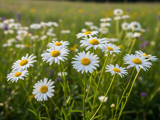 Fototapeta premium Beautiful white daisies with yellow centers in a green field