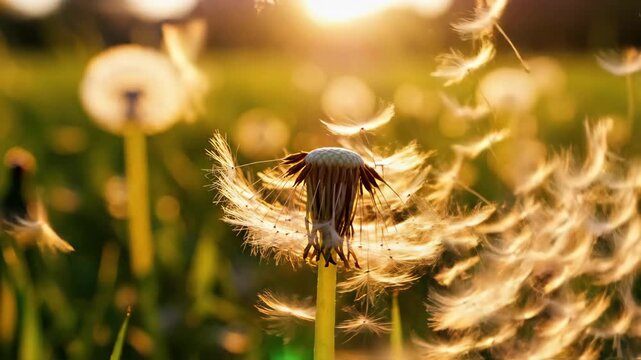 Slow motion close-up of blowing a dandelion at sunset. Seeds flying through the air in a golden backlit meadow. Freedom and making a wish concept