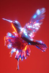 Obraz premium Surreal 3D render of a glossy liquid glass hummingbird hovering near neon crystal flowers, vibrant abstract nature art on red background.