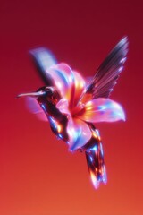 Obraz premium Surreal 3D render of a glossy liquid glass hummingbird hovering near neon crystal flowers, vibrant abstract nature art on red background.