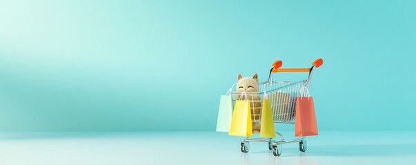 Adorable Fluffy Kitten in Miniature Shopping Cart with Colorful Bags on Blue Background