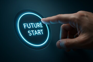 Finger pressing illuminated future start button symbolizing innovation technology progress digital transformation beginning new opportunities and futuristic concept of tomorrow