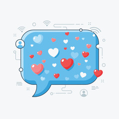 Vibrant social media message bubble overflowing with hearts symbolizing digital affection and