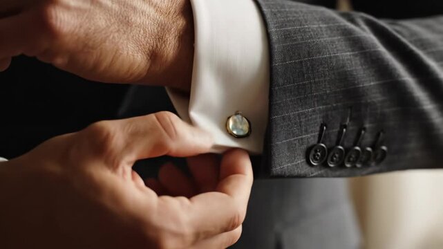 Close-up of a man fastening a cufflink on a white shirt sleeve. Groom getting ready for a wedding ceremony in a grey suit. Businessman dressing for a formal event