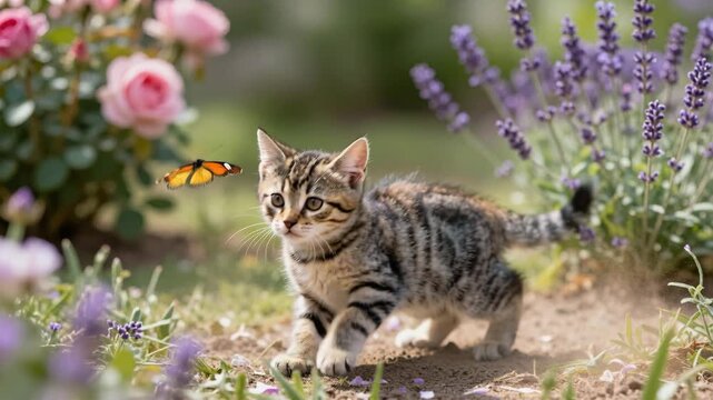 Cute striped kitten jumping and chasing a colorful butterfly in a sunny garden filled with pink roses and purple lavender, capturing a moment of playful curiosity and natural beauty