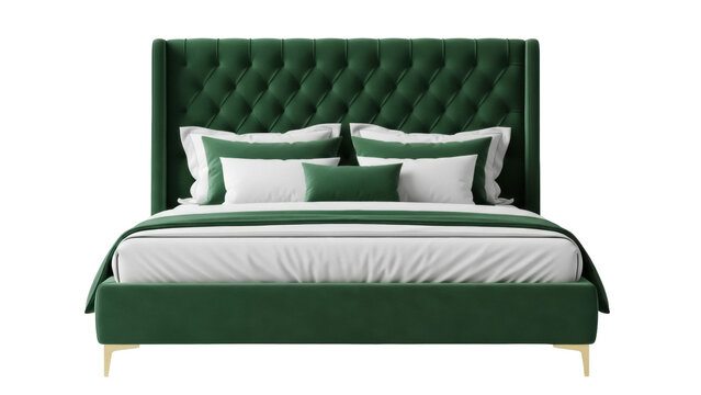 Elegant green velvet bed with tufted headboard isolated PNG, luxurious bedroom furniture on transparent background for interior design projects