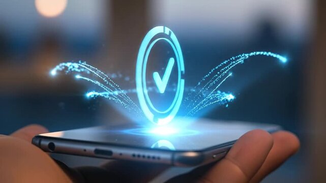 Smartphone displaying holographic checkmark, symbolizing success, approval, and digital verification