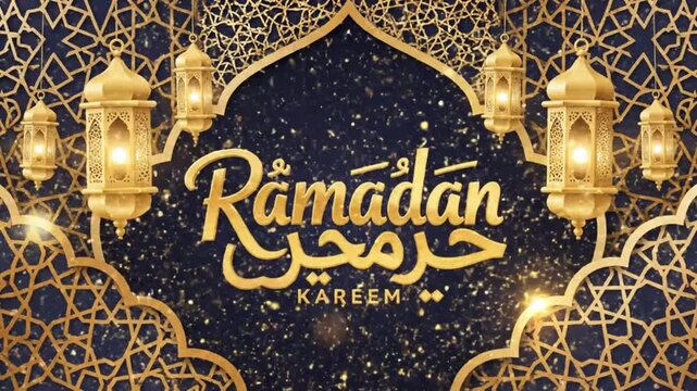 Golden Ramadan Kareem script with hanging lanterns  geometric patterns set against a dark background sprinkled with gold