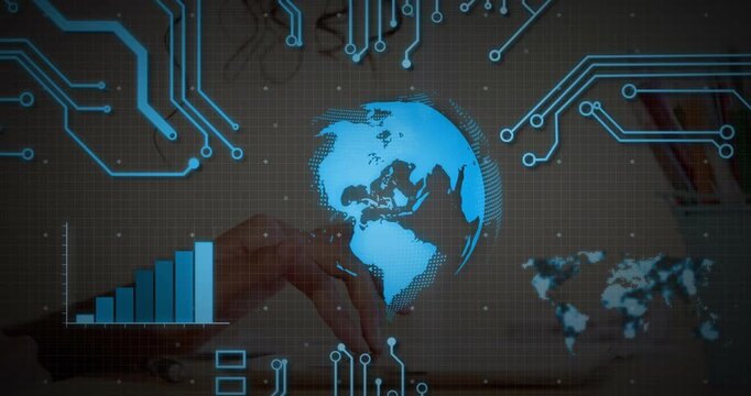 Tech pro hovering hand over keyboard, interacting with glowing globe, bar chart, world map