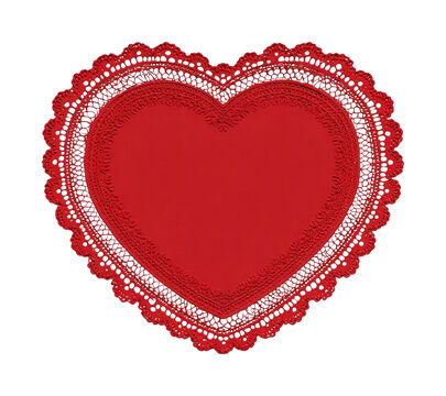 PNG Red lace heart doily decoration.