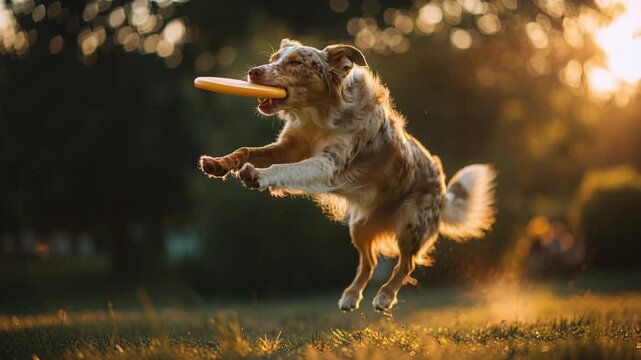 Athletic australian shepherd dog jumping and catching a plastic disc mid air in a park. Slow motion shot capturing the canine's impressive leap and agility during a beautiful golden hour sunset